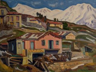 Kastania, Pink House with Snow, Mountains — Oil painting, Canvas, 46.00×61.00cm — Theodoros Markellos